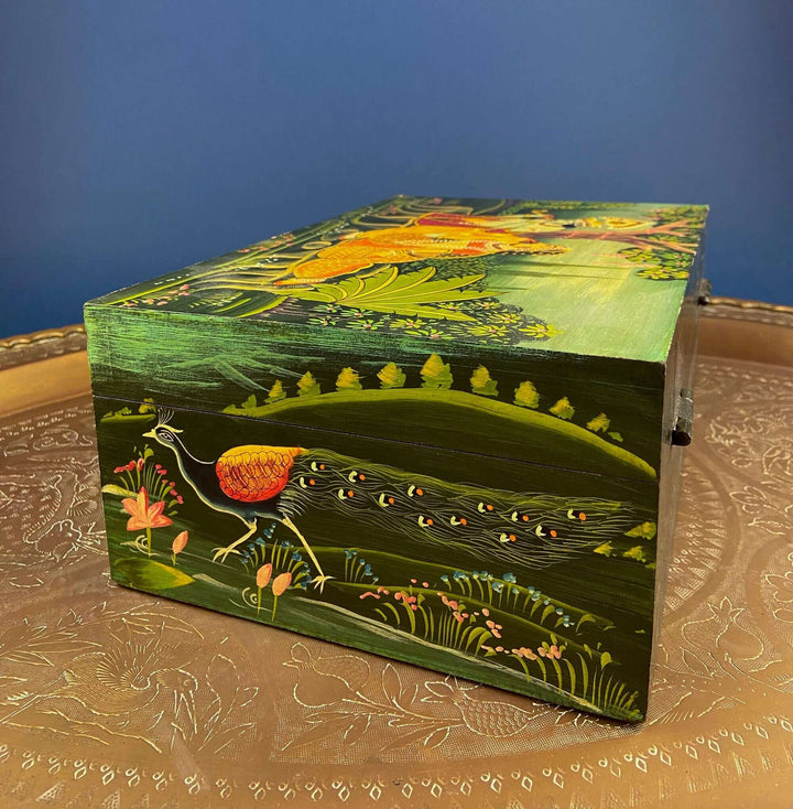 Handpainted Wooden Storage Box. Indian Themed Trinket Box. Rustic, Colorful Treasure Box Depicting Man & Woman in a Garden.