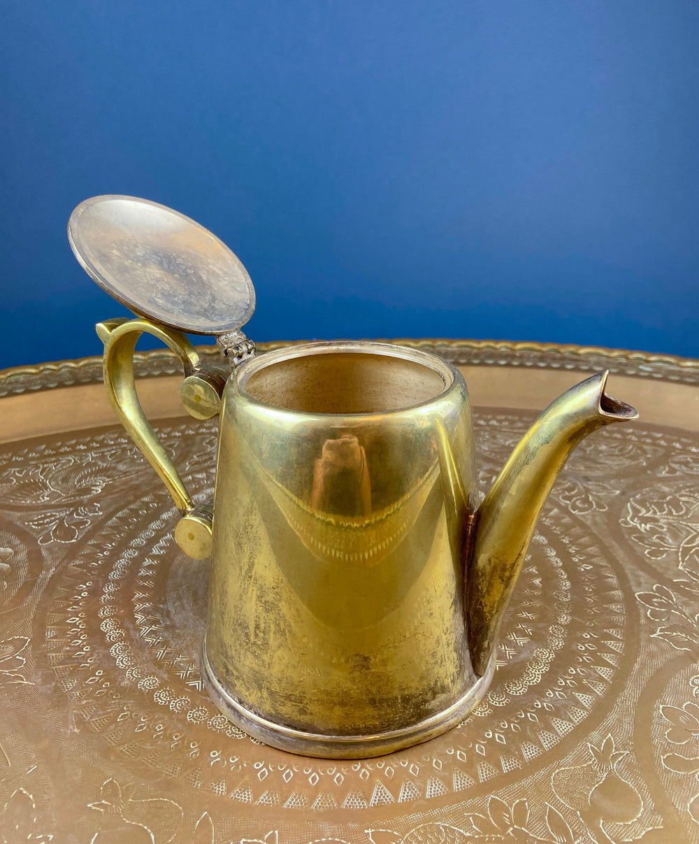 Antique Brass TeaPot or Coffee Pot. Vintage Gifts. Heavy brass with decorative handle on a metal tray.