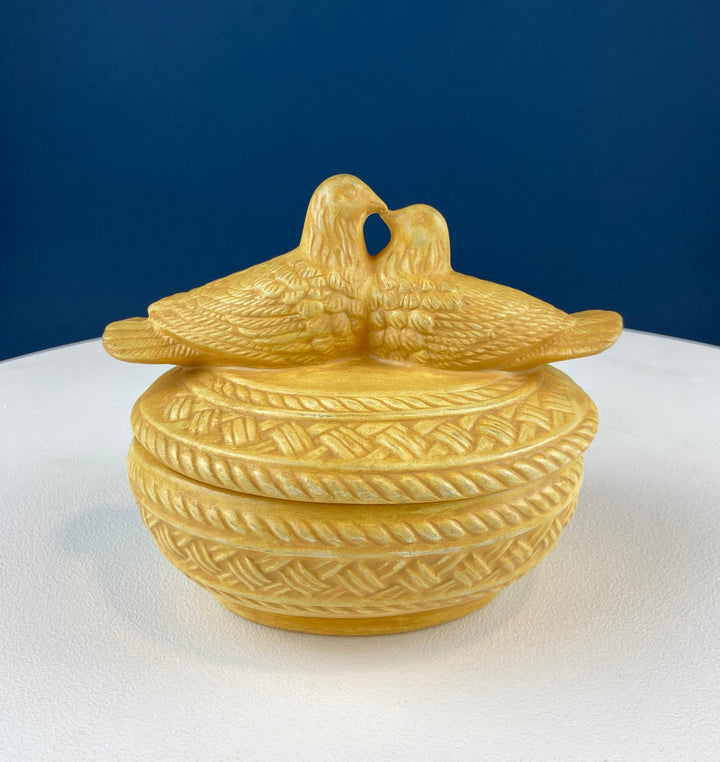 Bowl with Lid Yellow Ceramic Doves on Nest. Kissing Birds on Basket. Dish with Pair of Love Birds.