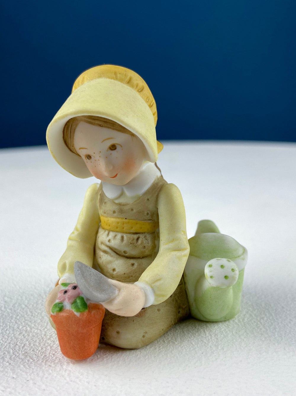 Porcelain Figurine by Marks & Rosenfeld of Little Girl Planting Flowers. Paired with Porcelain Birds in Nest. Gift for Mom, Grandma, Partner.