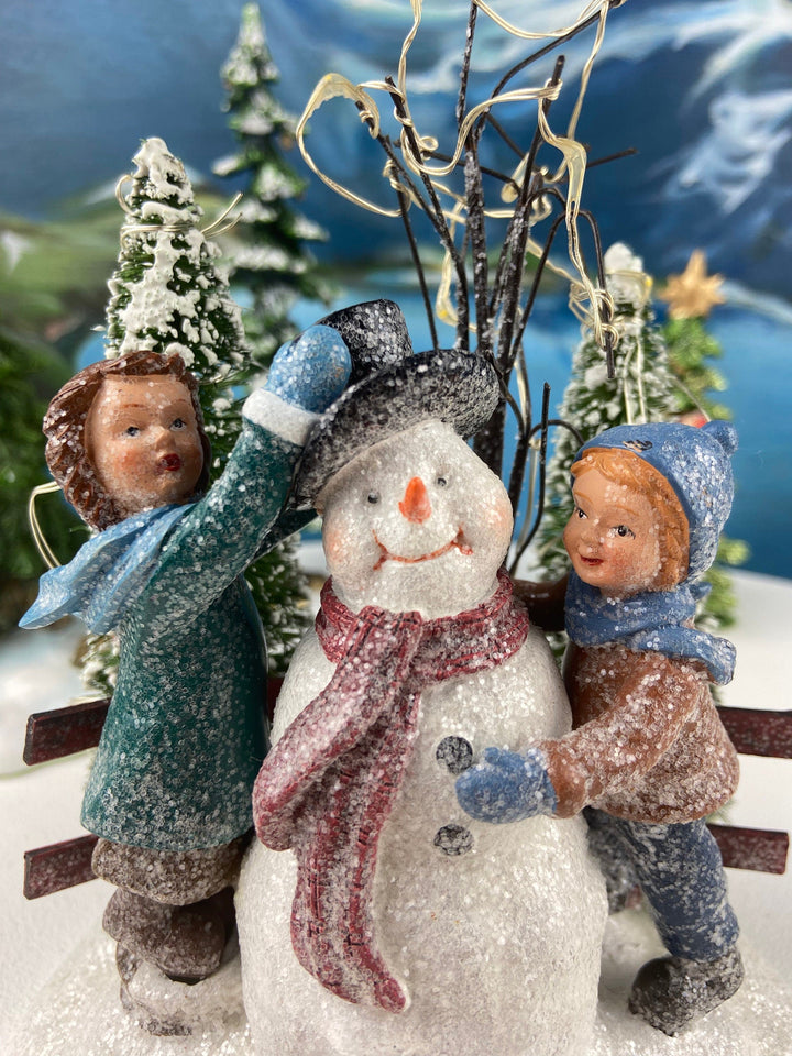 Christmas Village Accessories.  Dressed Christmas Trees by Nikko, Korea. Girl Figurine by Lefton.   Set of Two Trees and Little Girl.
