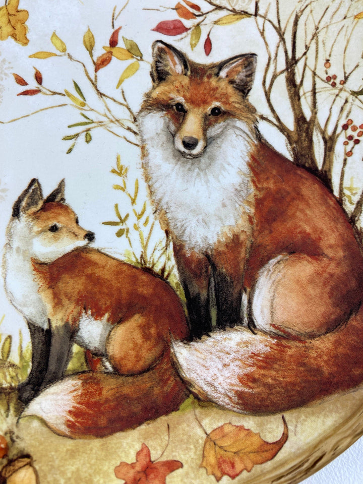 Cute Foxes Dinner Plate. Fox Mom with Her Pup. Whimsical Fall Themed Plate.