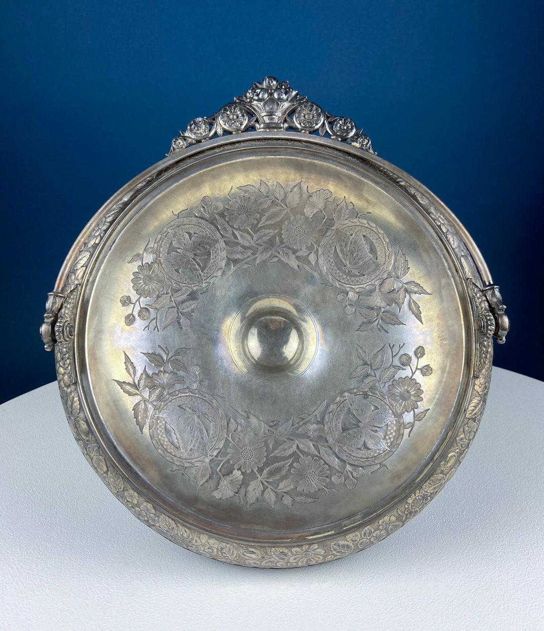 Victorian Silver Plated Fruit Pedestal with Handle. Bridal Basket. Stunning Butterflies & Flowers Relief. Table Holiday Centerpiece.