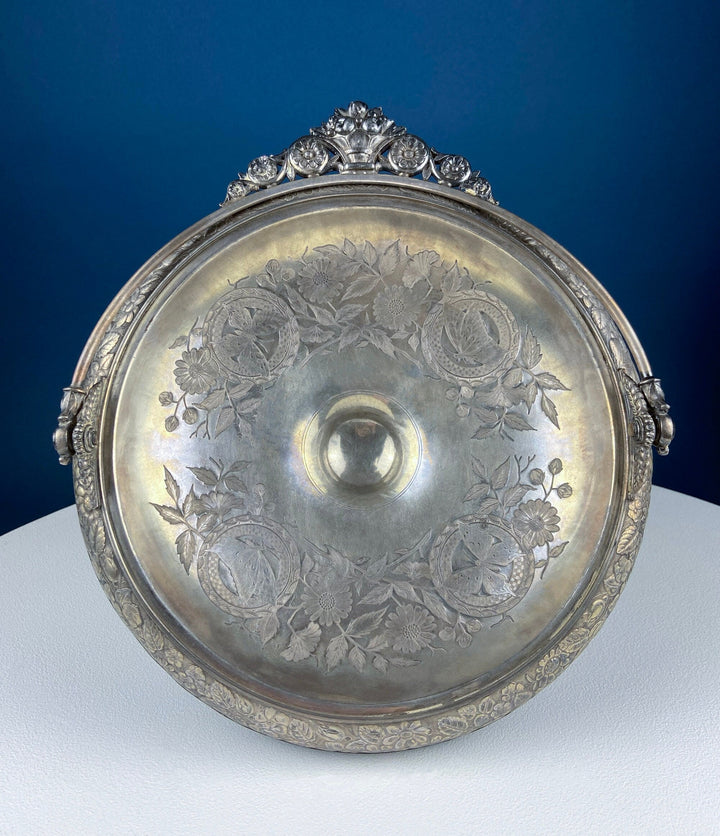 Victorian Silver Plated Fruit Pedestal with Handle. Bridal Basket. Stunning Butterflies & Flowers Relief. Table Holiday Centerpiece.