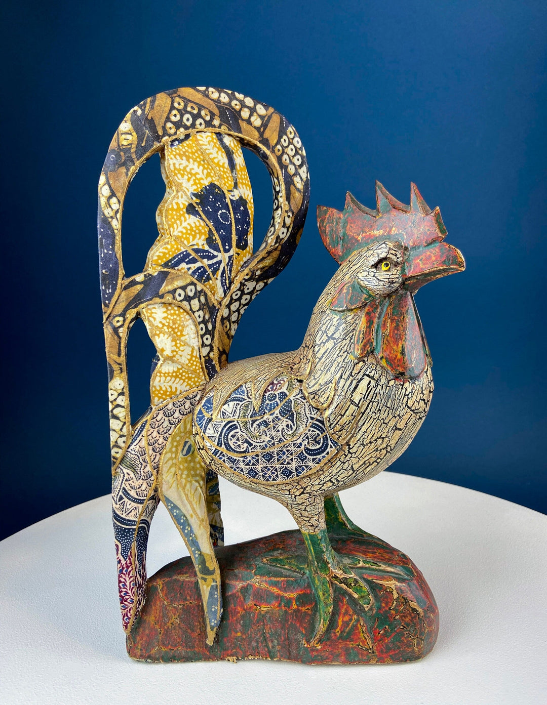 Set of 2 Wooden Hand Carved Rooster Figurines. Wood with Fabric Inlays & Gold Lines. Modern Farmhouse. Fall Decor. Table Centerpiece. Ethnic.