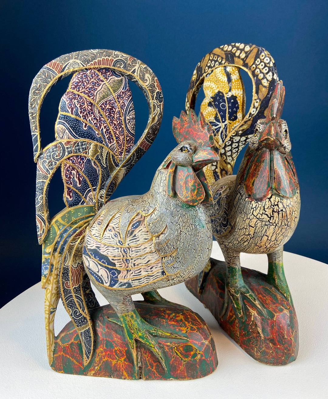 Set of 2 Wooden Hand Carved Rooster Figurines. Wood with Fabric Inlays & Gold Lines. Modern Farmhouse. Fall Decor. Table Centerpiece.
