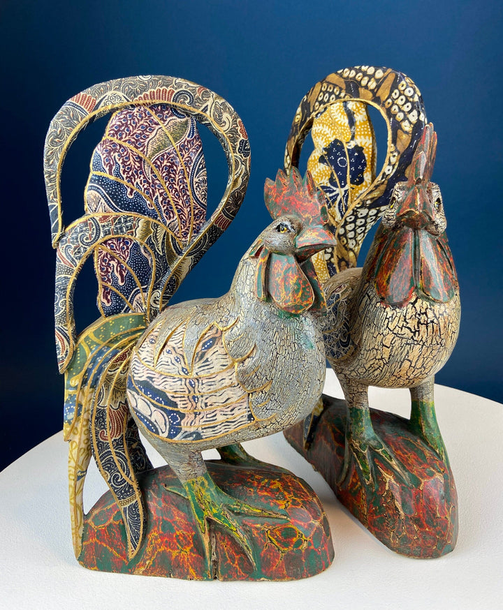 Set of 2 Wooden Hand Carved Rooster Figurines. Wood with Fabric Inlays & Gold Lines. Modern Farmhouse. Fall Decor. Table Centerpiece.
