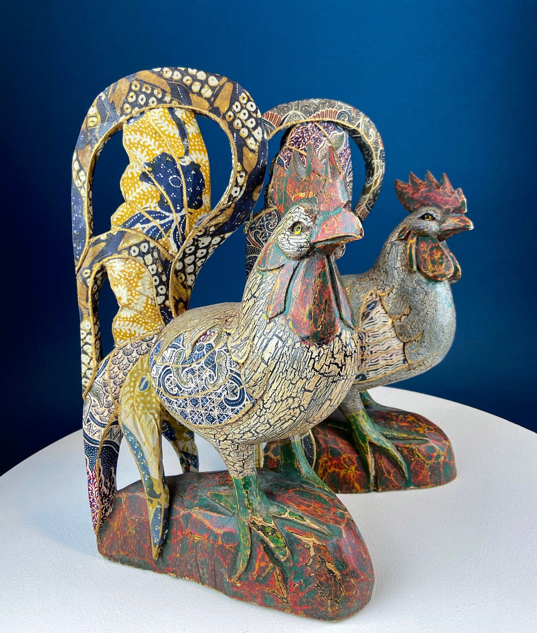 Set of 2 Wooden Hand Carved Rooster Figurines. Wood with Fabric Inlays & Gold Lines. Modern Farmhouse. Fall Decor.