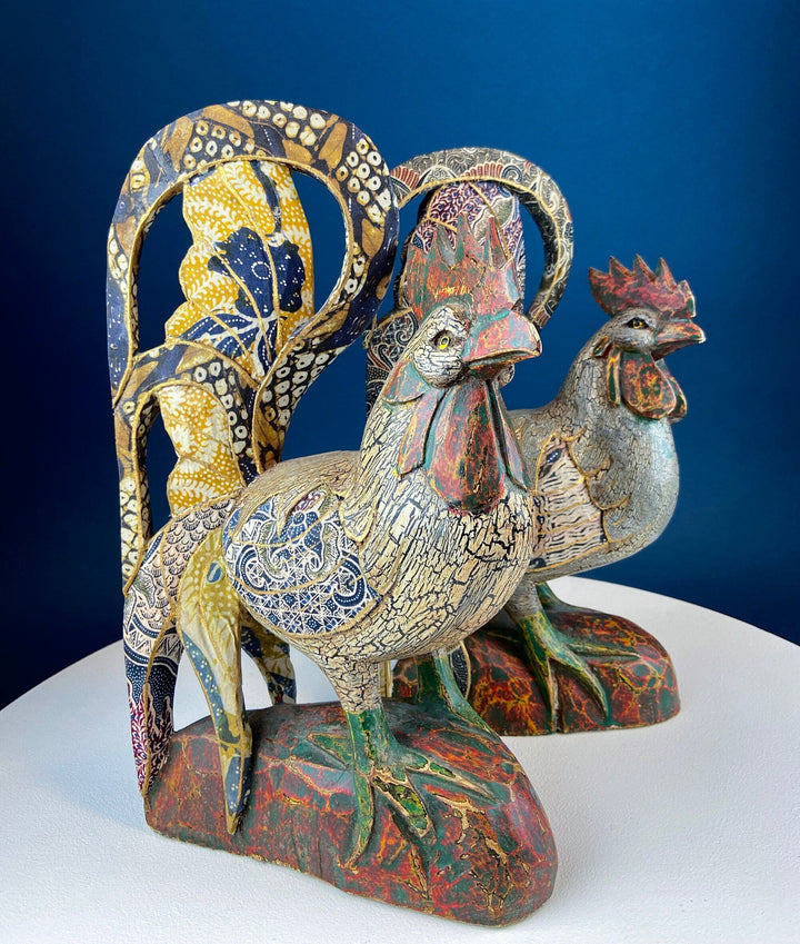 Set of 2 Wooden Hand Carved Rooster Figurines. Wood with Fabric Inlays & Gold Lines. Modern Farmhouse. Fall Decor.