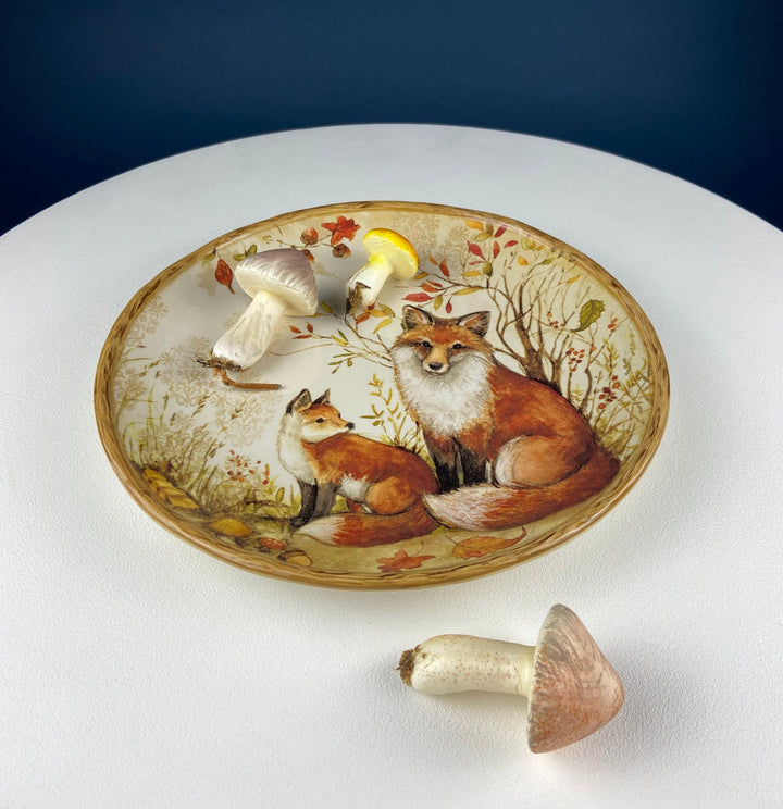 Cute Foxes Dinner Plate. Fox Mom with Her Pup. Whimsical Fall Themed Plate with mushrooms.
