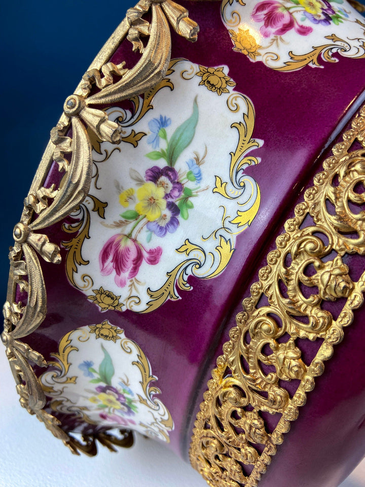 Antique Porcelain Burgundy & Gold Footed Bowl with Marble Base. Hand Painted Roses Storage Dish with Dolphin Feet detail.