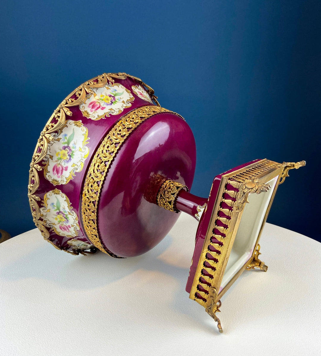 Antique Porcelain Burgundy & Gold Footed Bowl with Marble Base. Hand Painted Roses Storage Dish with Dolphin Feet.