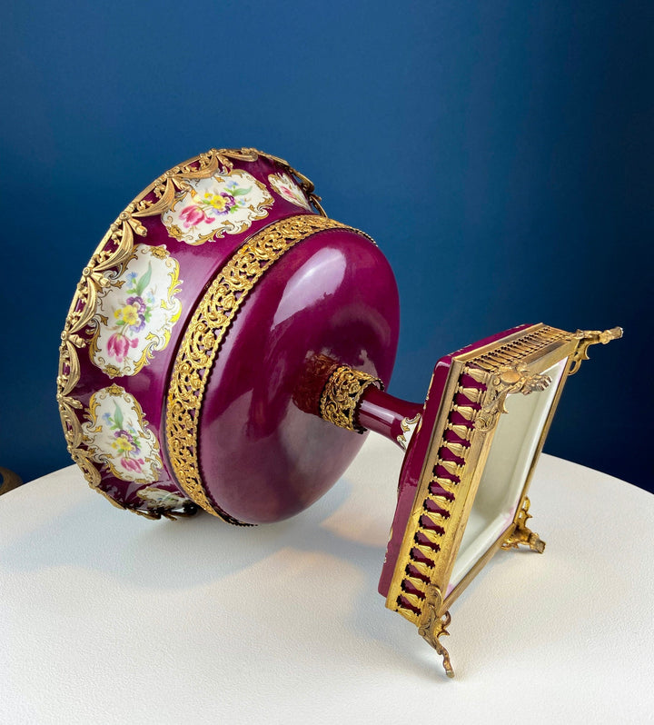 Antique Porcelain Burgundy & Gold Footed Bowl with Marble Base. Hand Painted Roses Storage Dish with Dolphin Feet.