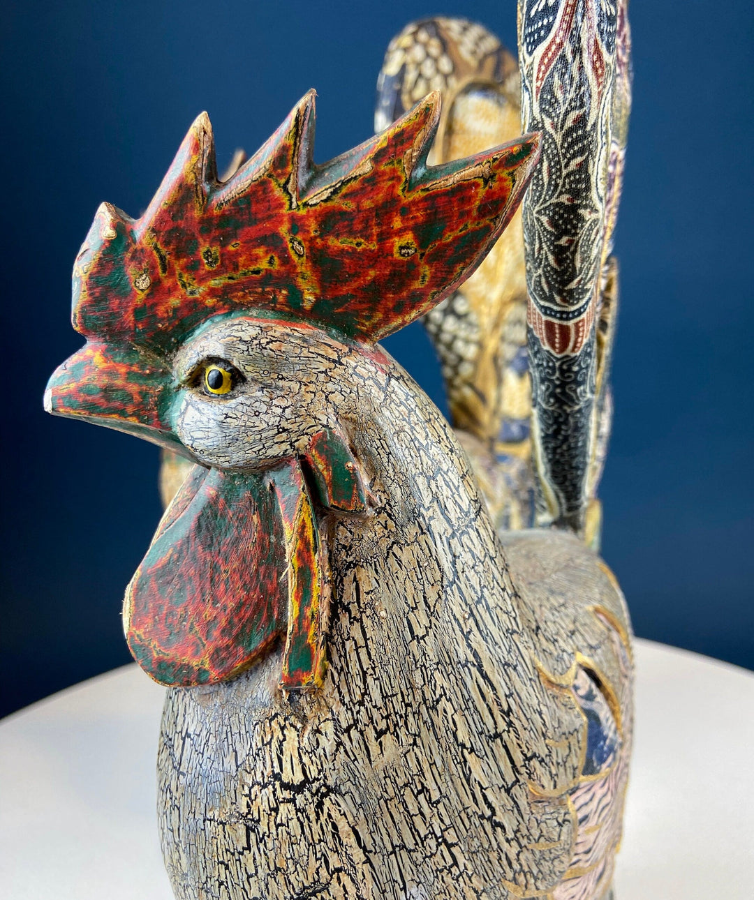Set of 2 Wooden Hand Carved Rooster Figurines. Wood with Fabric Inlays & Gold Lines. Modern Farmhouse. Fall Decor.