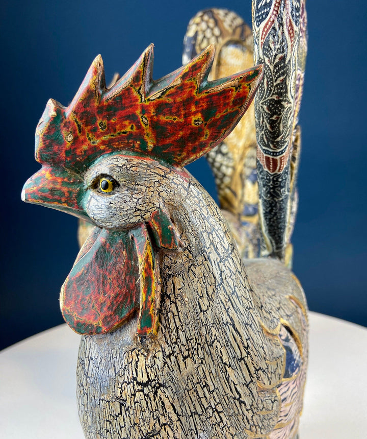 Set of 2 Wooden Hand Carved Rooster Figurines. Wood with Fabric Inlays & Gold Lines. Modern Farmhouse. Fall Decor.