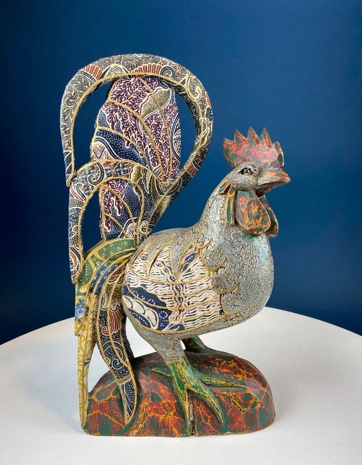 Set of 2 Wooden Hand Carved Rooster Figurines. Wood with Fabric Inlays & Gold Lines. Modern Farmhouse. Fall Decor. Table Centerpiece.