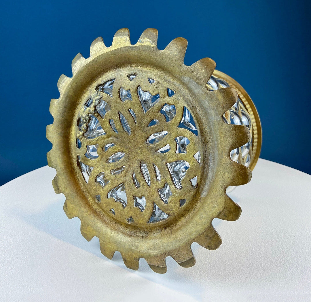 Vintage Hand Blown Bubble Glass Brass Urn Jar, Pineapple Design base with intricate metal pattern.