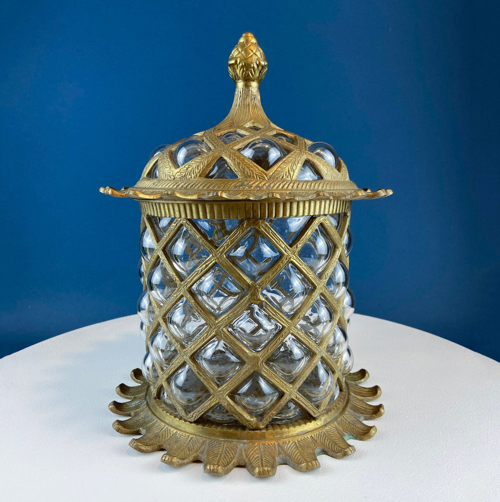 Vintage Hand Blown Bubble Glass Brass Urn Jar, Pineapple Design with intricate metal detailing.