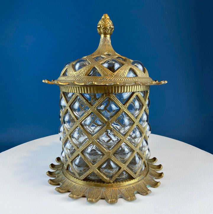Vintage Hand Blown Bubble Glass Brass Urn Jar, Pineapple Design with intricate metal detailing.