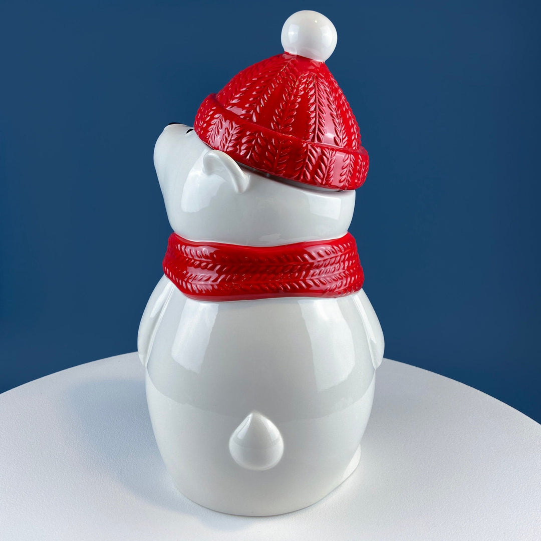 Polar Bear in Red Hat Cookie Jar. Cute, Animal Themed Kitchen Storage Canister or Kids' Room Decor. Holiday Dining Room Decor.
