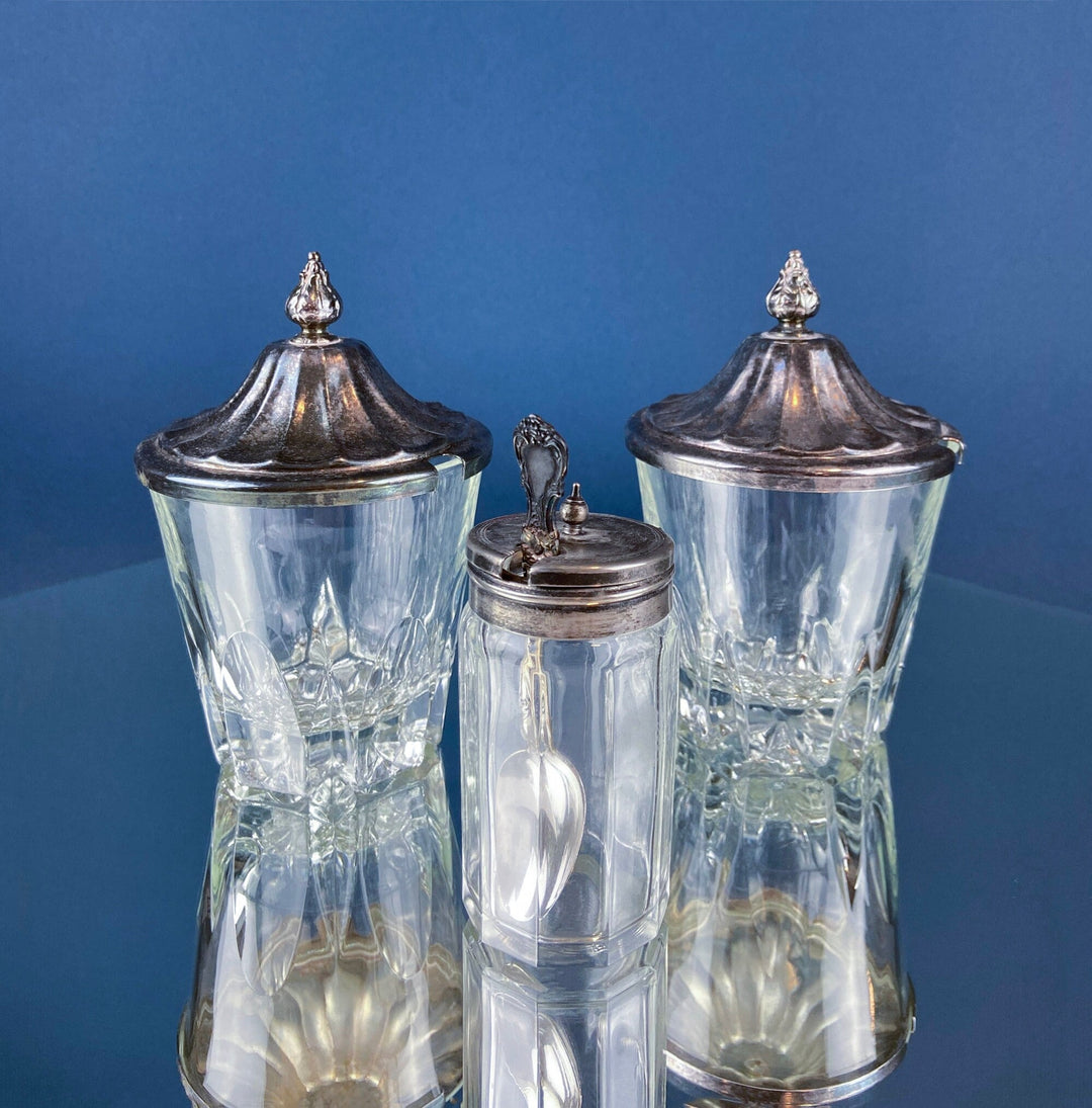 Vintage Collection of Clear Glass Jars with Silver Plated Covers. Relish, Jam, Preserves Serving Dishes with Lids. Set of 3. Table Decor.