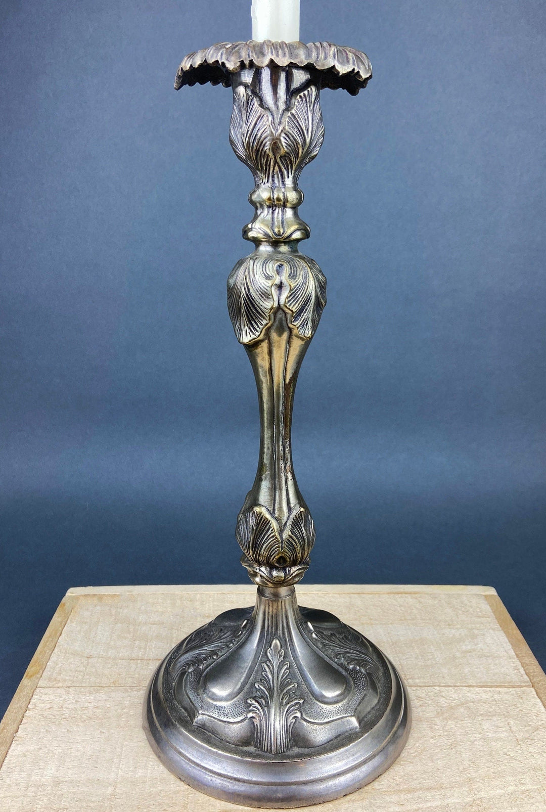 Antique Pillar Candle Holder/Silver Plated Candle Stand/Art Nouveau Relief. Fine Dining. Floral design detail, 14" high.