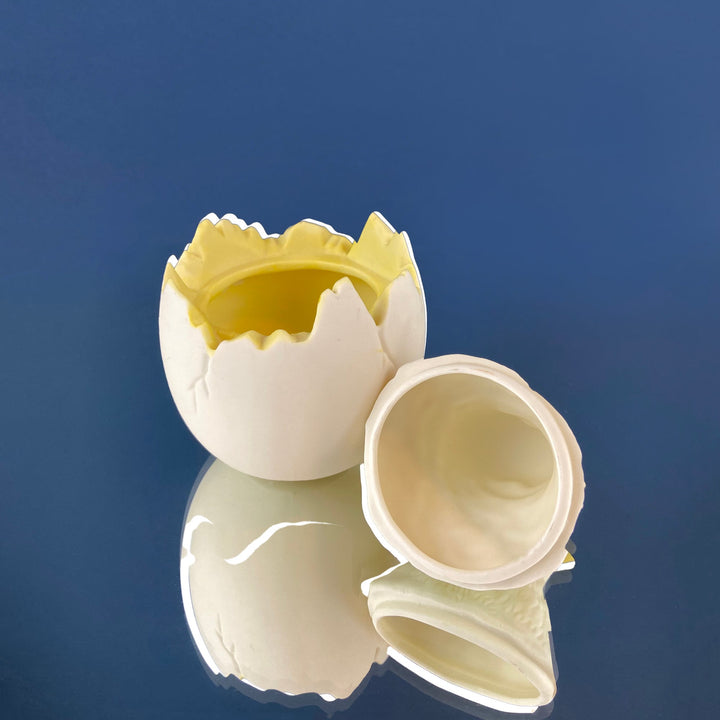 Porcelain Chick in Eggshell Jar by Dept. 56. Sugar or Storage Jar in Shape of Cute Yellow Baby Bird Hatching. Modern Farmhouse. Baby Shower.