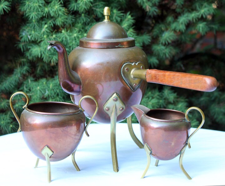 Antique Copper Turkish Coffee Maker Set, Wooden Handle, Tin Lined with creamer and cup, featuring a bell lid.