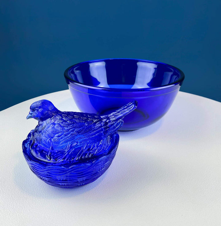 Vintage Cobalt Blue Glass Nesting Dove Covered Dish