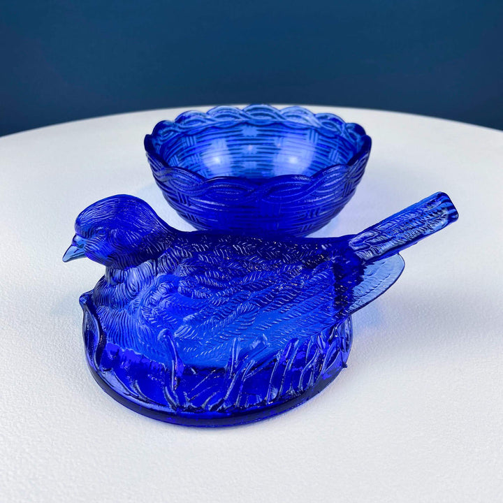 Vintage Cobalt Blue Glass Nesting Dove Covered Dish