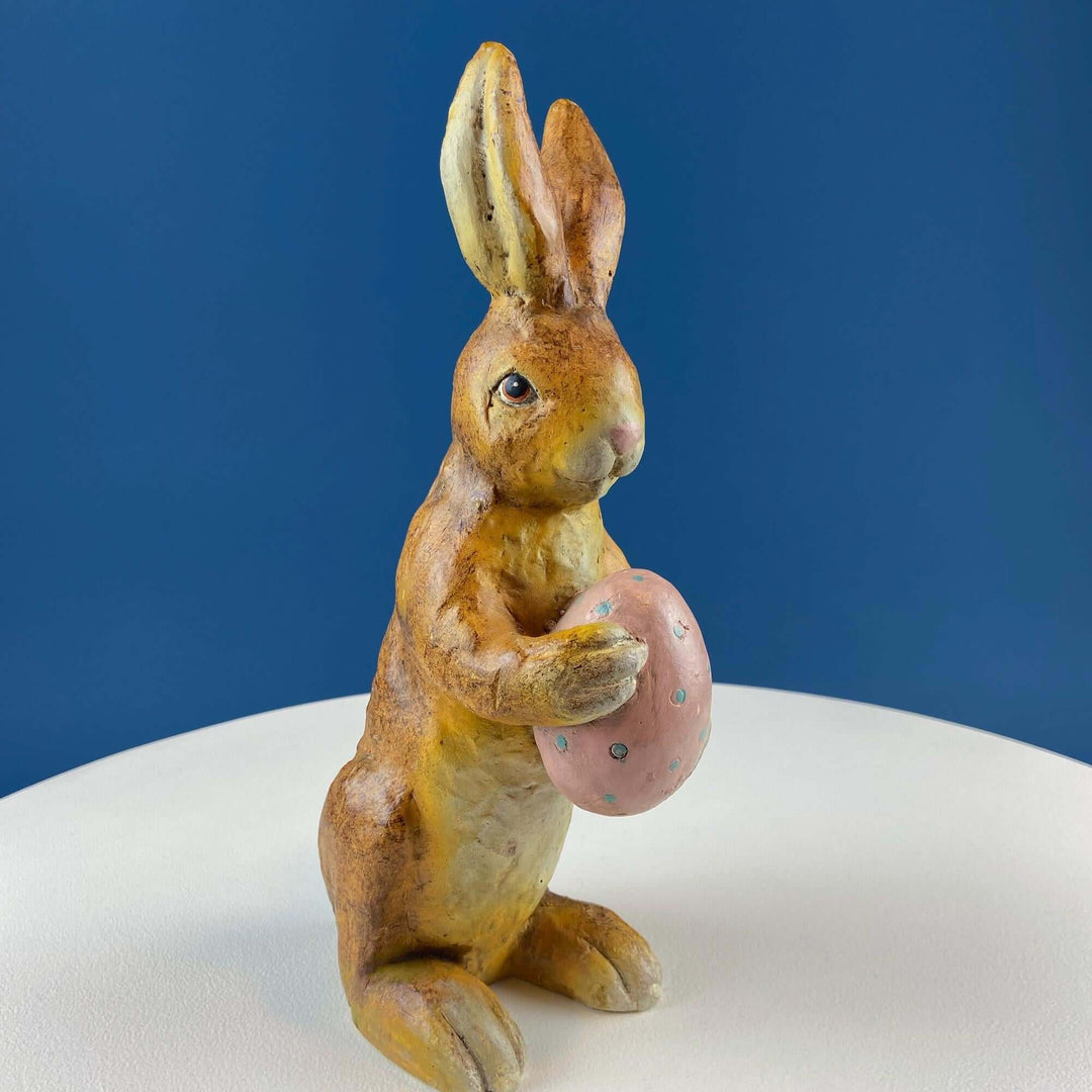 Vintage Hand-Painted Brown Bunny Figurine with Pink Egg