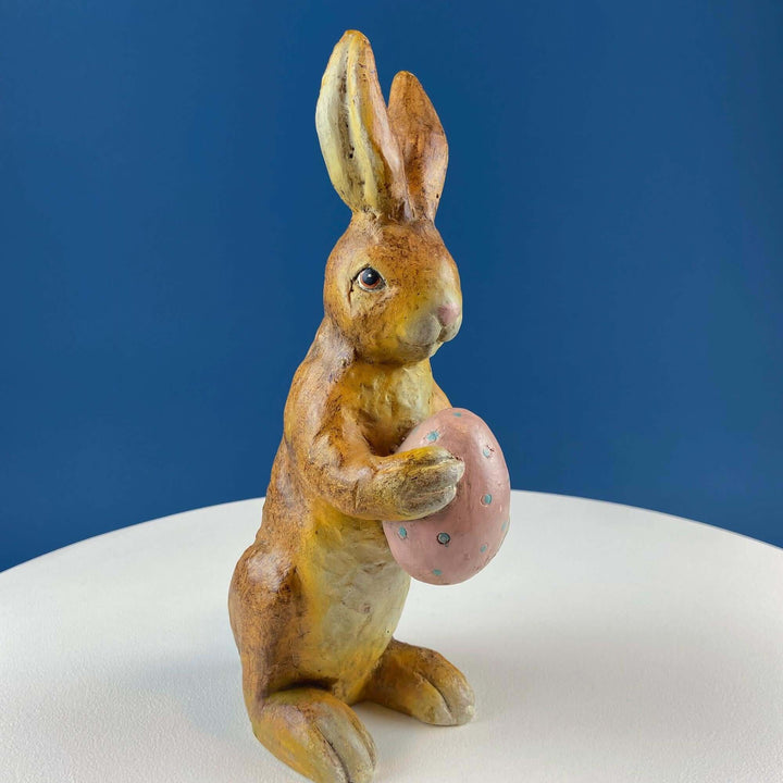 Vintage Hand-Painted Brown Bunny Figurine with Pink Egg