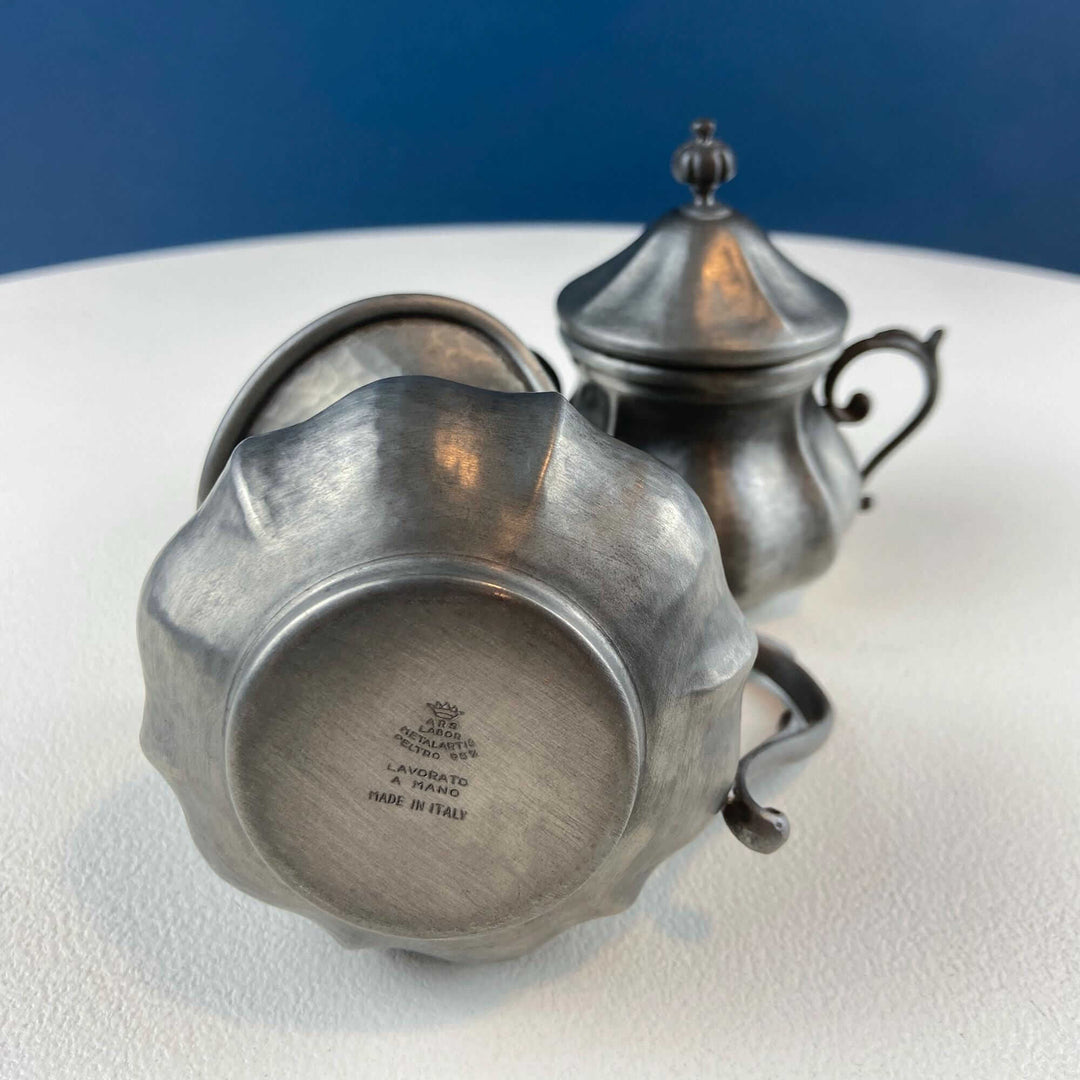 Vintage Italian Pewter Coffee Tea Set. Elegant Curvillinear Silhouette with Wood Handle. Set of 3: Pot Creamer Sugar Jar. Dining Room Decor.