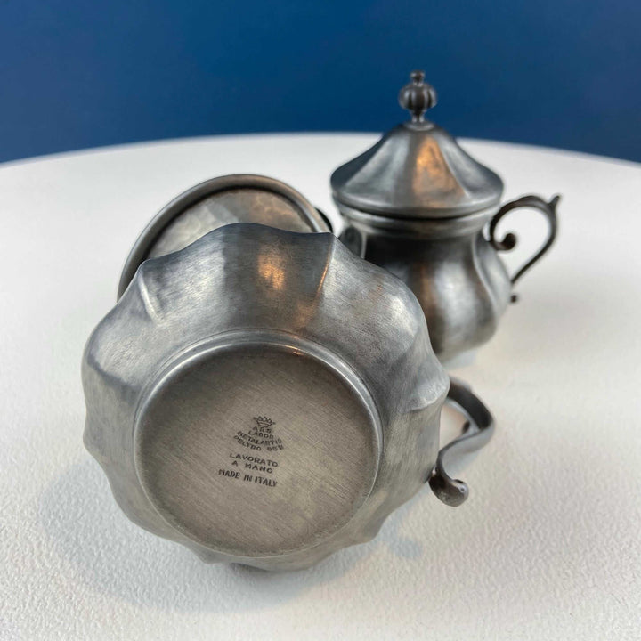 Vintage Italian Pewter Coffee Tea Set. Elegant Curvillinear Silhouette with Wood Handle. Set of 3: Pot Creamer Sugar Jar. Dining Room Decor.
