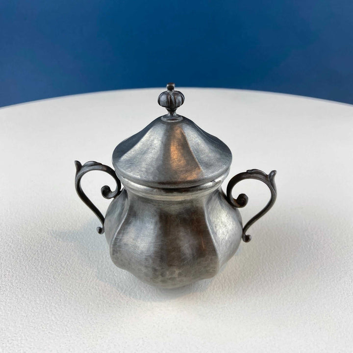 Vintage Italian Pewter Coffee Tea Set. Elegant Curvillinear Silhouette with Wood Handle. Set of 3: Pot Creamer Sugar Jar. Dining Room Decor.