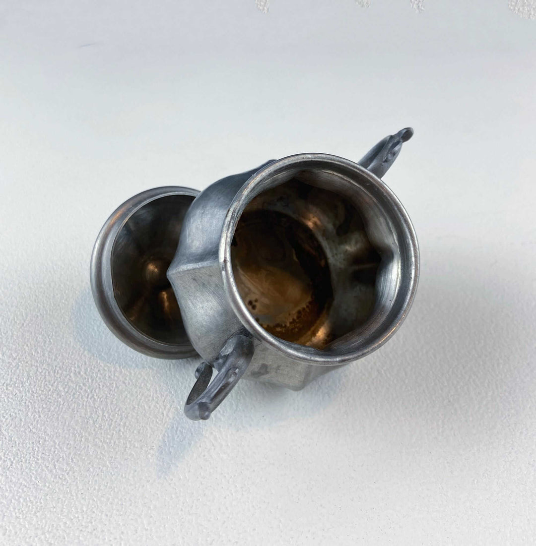 Vintage Italian Pewter Coffee Tea Set. Elegant Curvillinear Silhouette with Wood Handle. Set of 3: Pot Creamer Sugar Jar. Dining Room Decor.