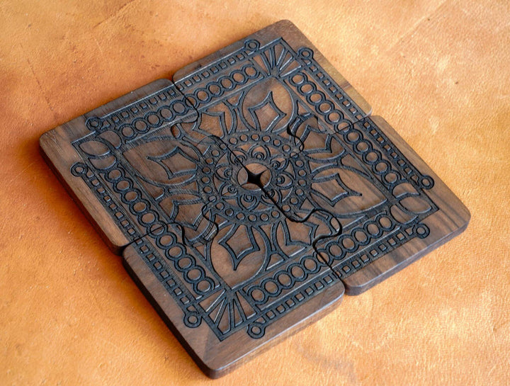 Walnut Puzzle Coasters & Trivet Set