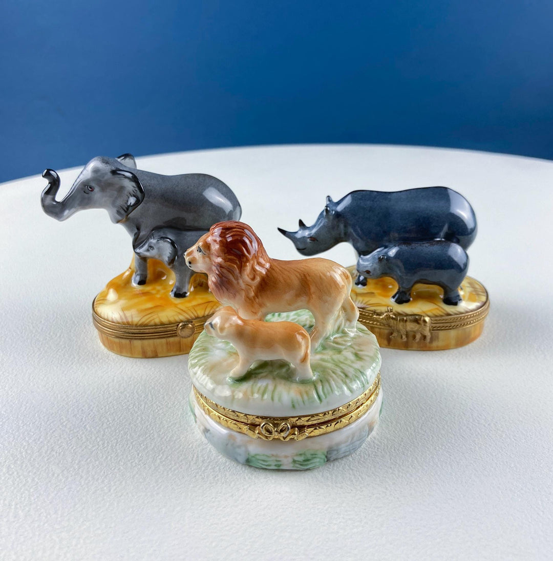 Mom and Baby Rhinos Vintage Retired Limoges Miniature Box. Collectible Porcelain & Brass Trinket Ring Pill Box. African Safari Design.