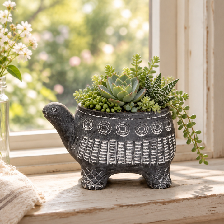 Black cement turtle planter styled with greenery on a cottage windowsill