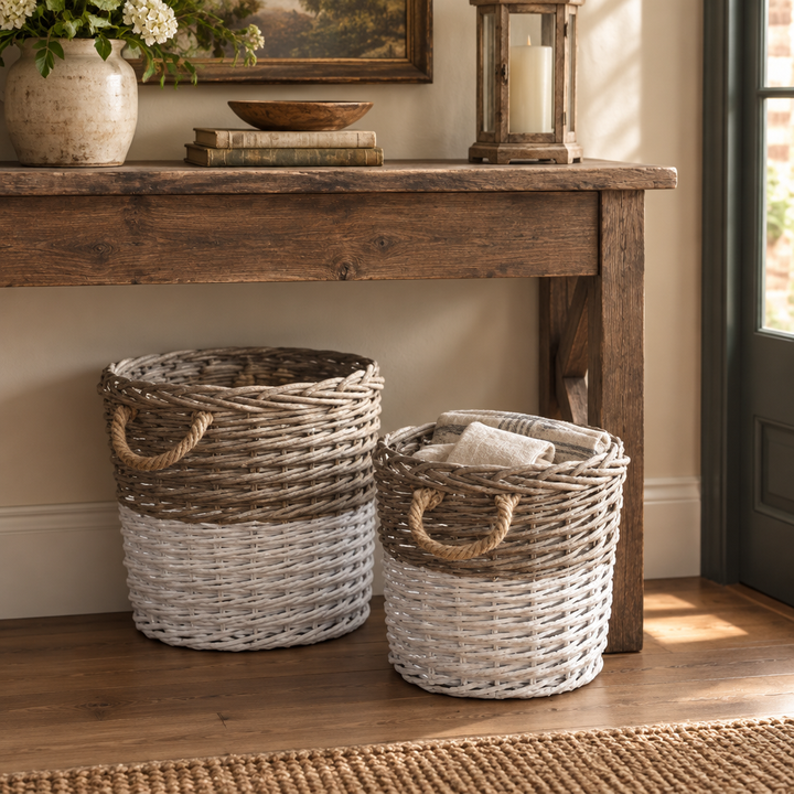 White-Dipped Willow Baskets beneath a rustic entryway console