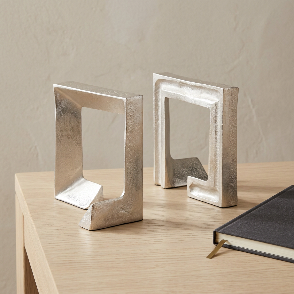 Two silver open-frame cast aluminum bookends displayed as sculptures beside a notebook on a pale wood desk.
