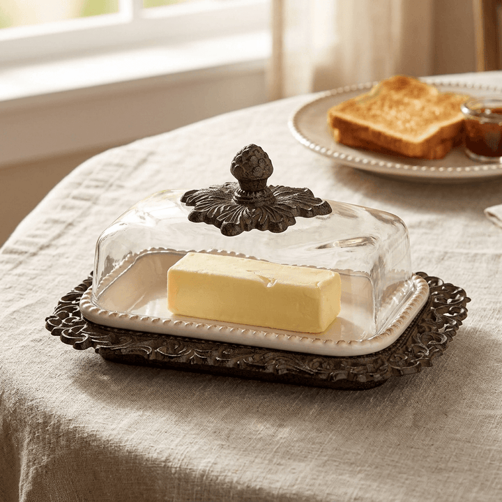 Butter inside the Bellavita ceramic dish beneath its clear glass dome on a linen breakfast table