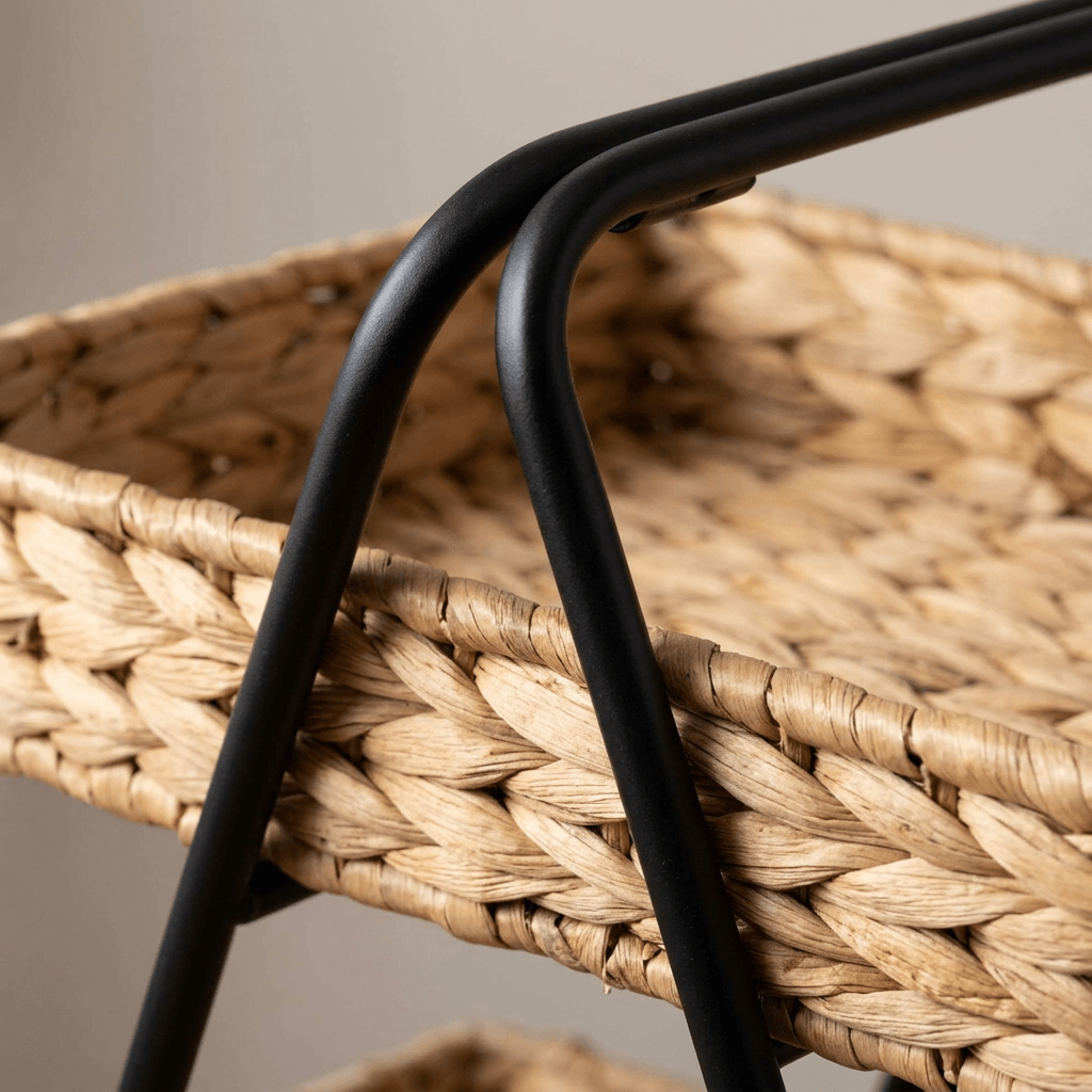 Close-up of the Seraphine Two-Tier Basket Stand showing the braided hyacinth basket texture where the black iron frame meets the basket rim