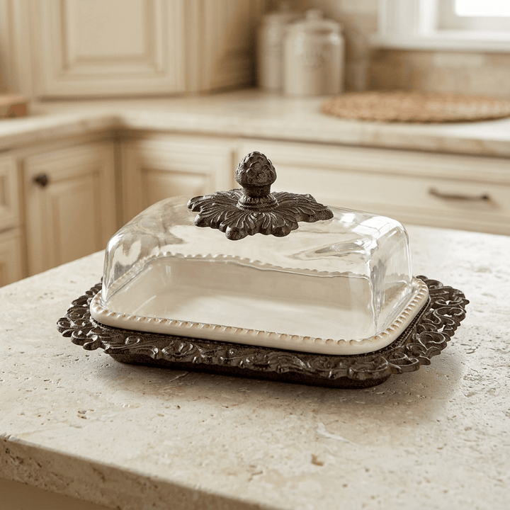 Bellavita covered butter dish on a pale stone counter in a traditional cream kitchen