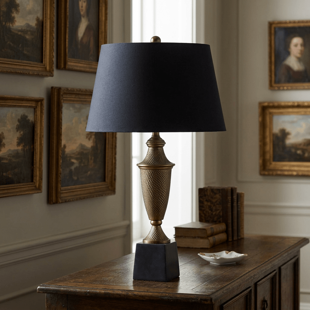 Ashbourne antique brass-finish urn table lamp with black shade on a dark oak console in an English manor-inspired sitting room.