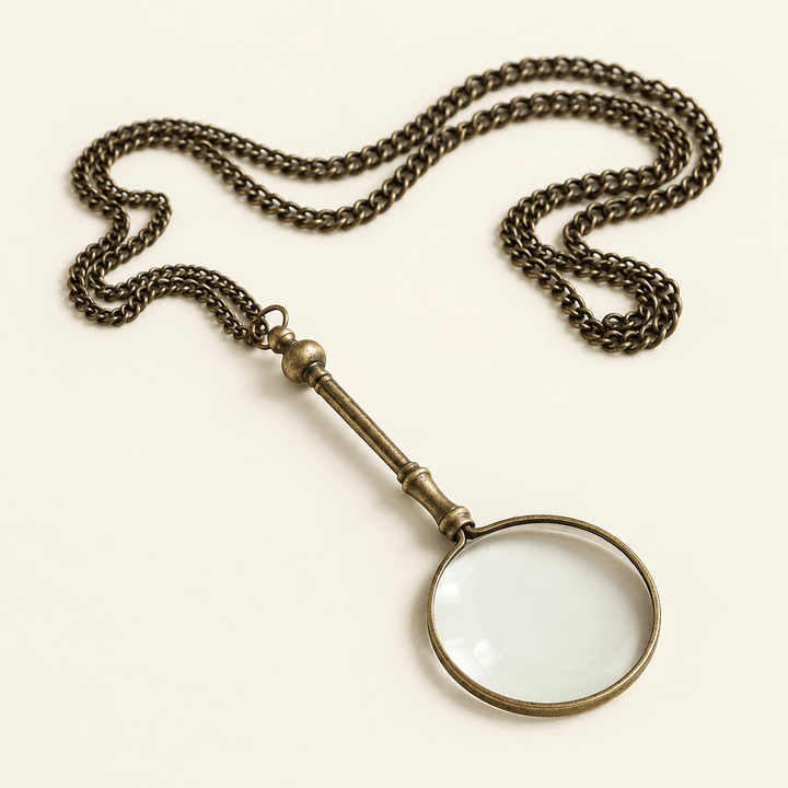 Antiqued brass magnifying glass with slim handle and coiled chain on an ivory background