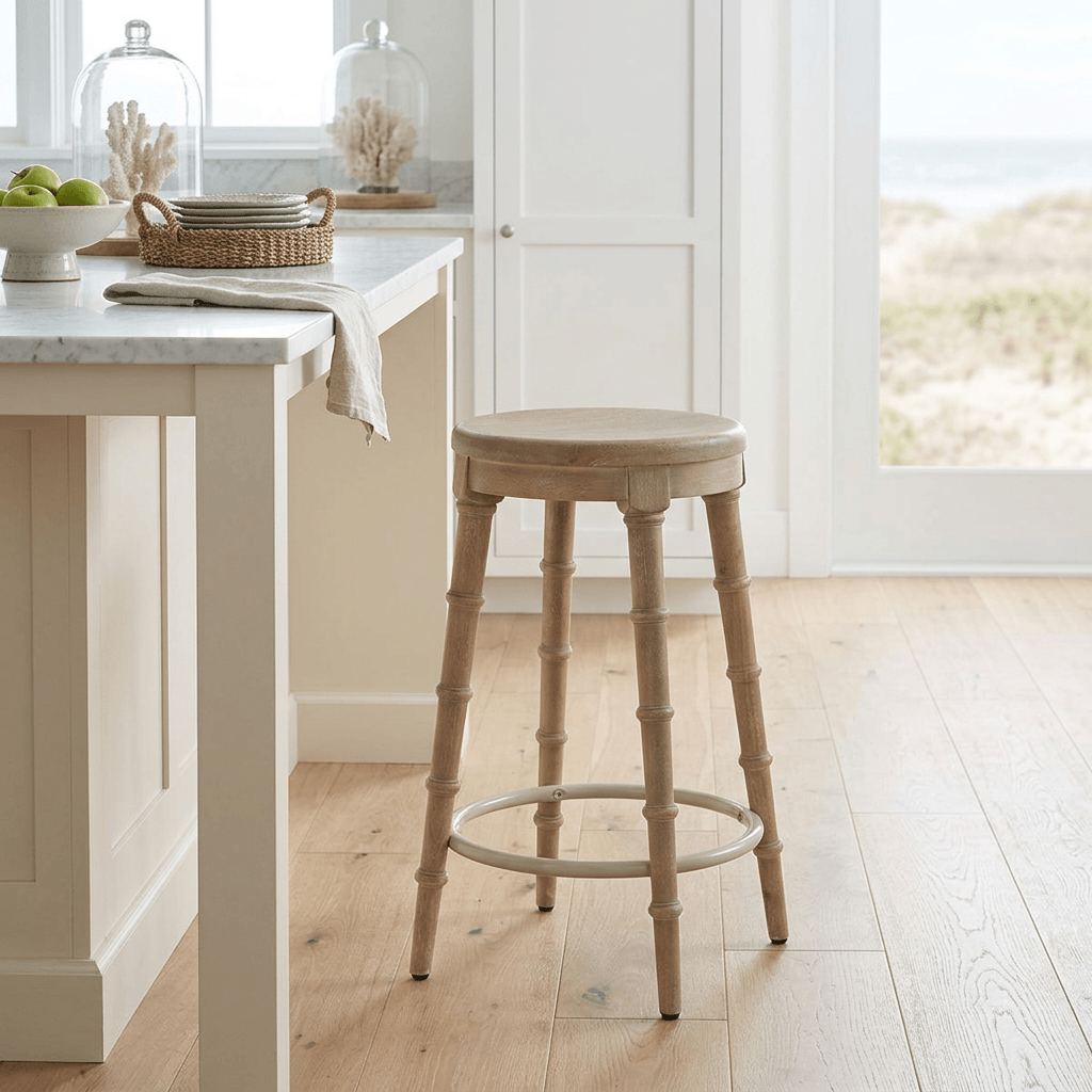 Spindrift Counter Stool in the Driftwood finish beside a kitchen island in a bright coastal kitchen
