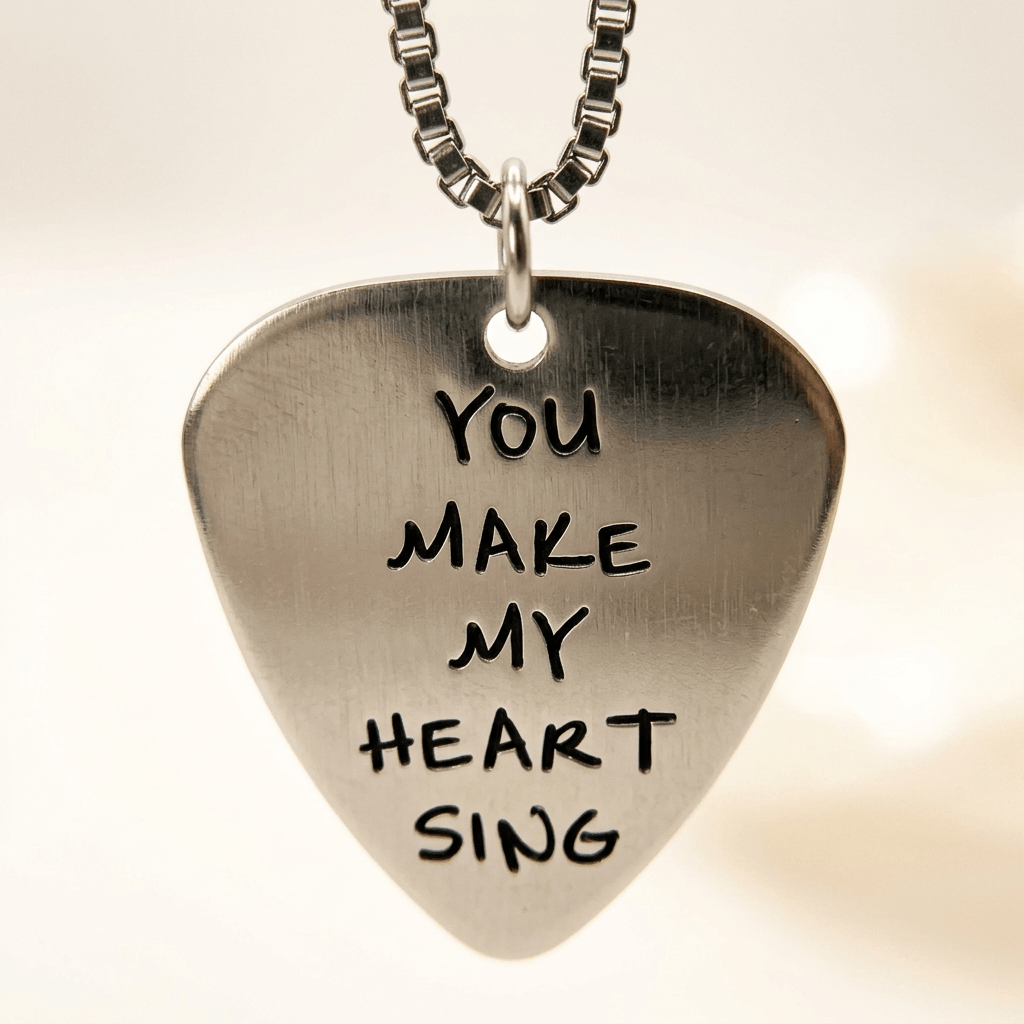 Close-up of the engraved stainless steel guitar-pick pendant with a short section of box chain on a warm white background.