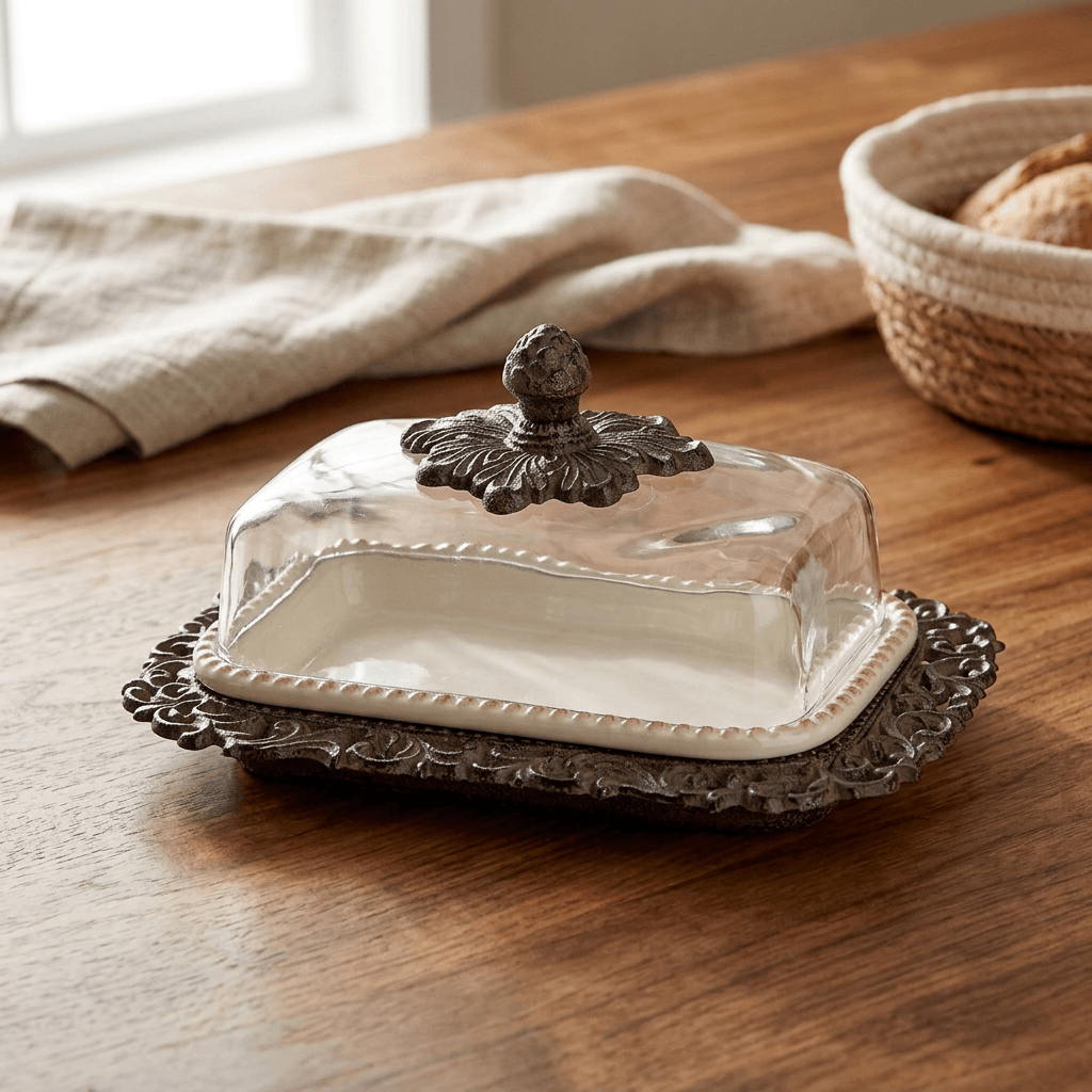 Bellavita butter dish on a wooden breakfast table beside linen and a bread basket
