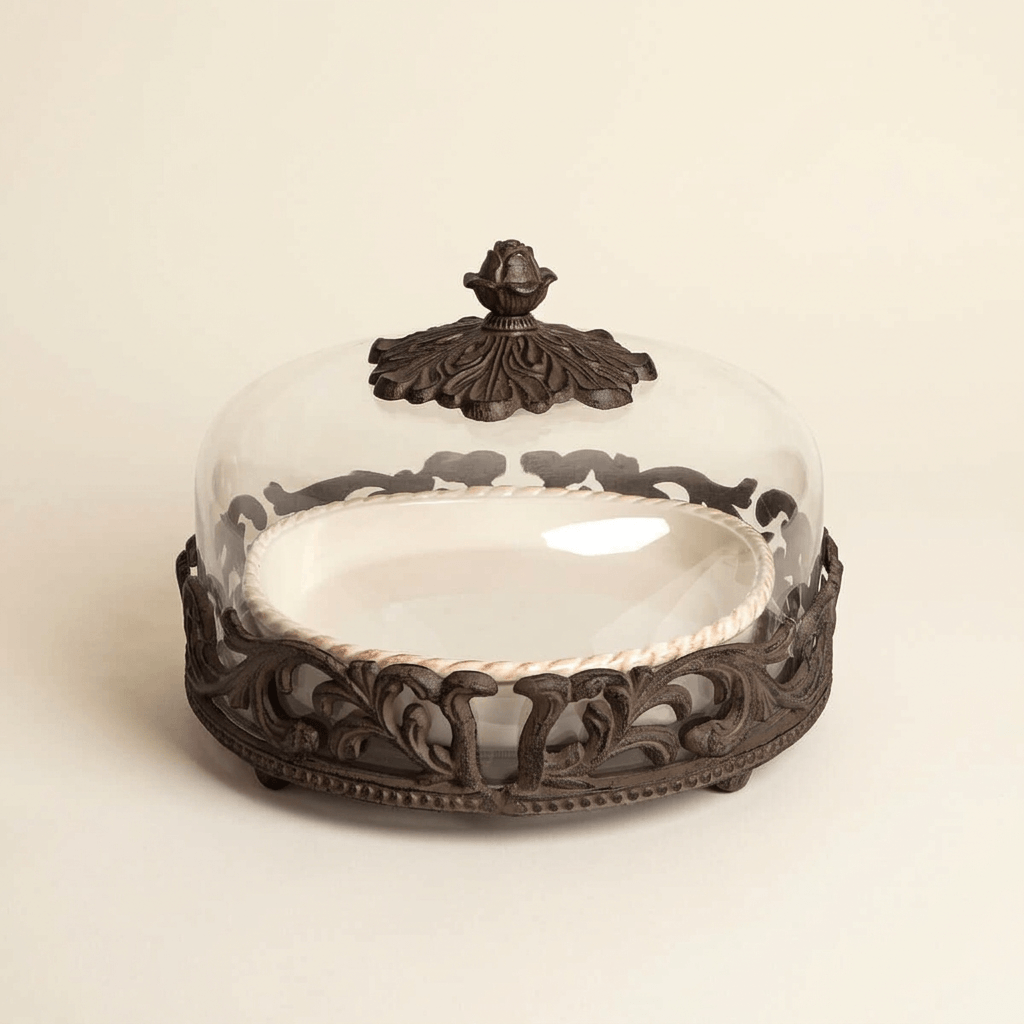 Bellavita Stoneware Pie Dish with Glass Dome showing cream ceramic and dark acanthus metalwork against ivory.